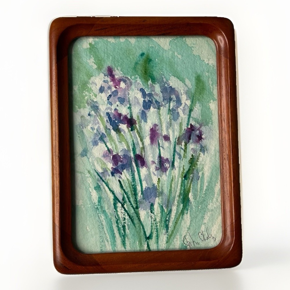 Signed Iris Floral Painting Wood Frame Rounded Corners Easel Art Deco 8x6 inchs